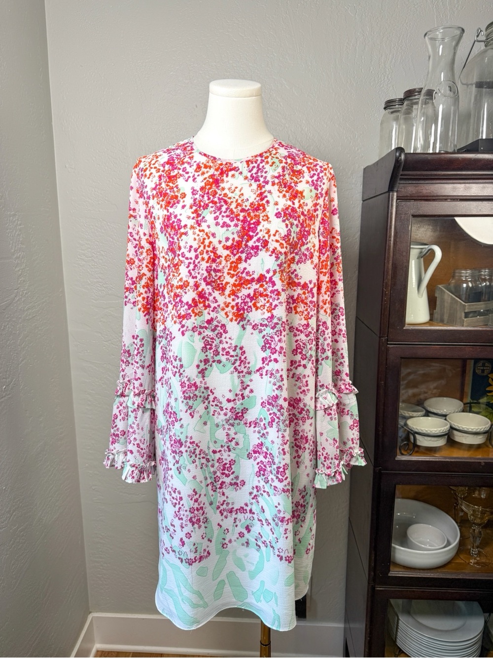 Max Studio Floral Ruffle Sleeve Shift Dress Pink Mint Size M